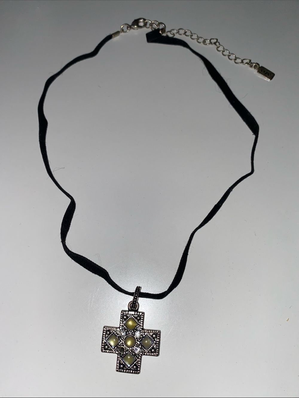 Black Velvet Choker with Cross Pendant in Pale Green